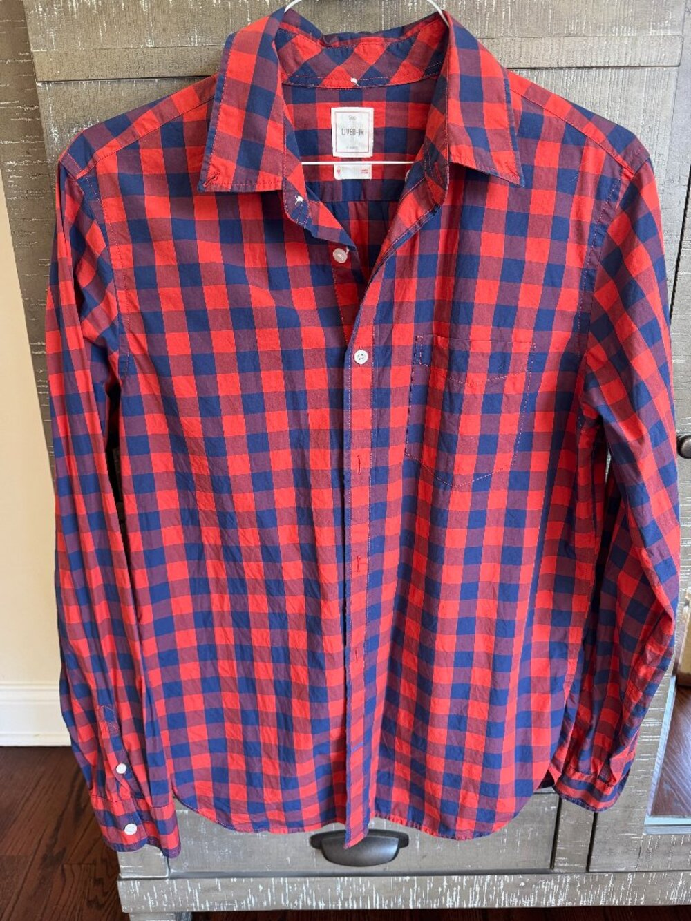 Gap Lived-In Red Navy Check Long Sleeve Button Down Shirt M